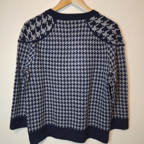 J Crew 100% Merino Wool Sweater Houndstooth Womens Large Navy Blue Gray - Picture 6 of 13